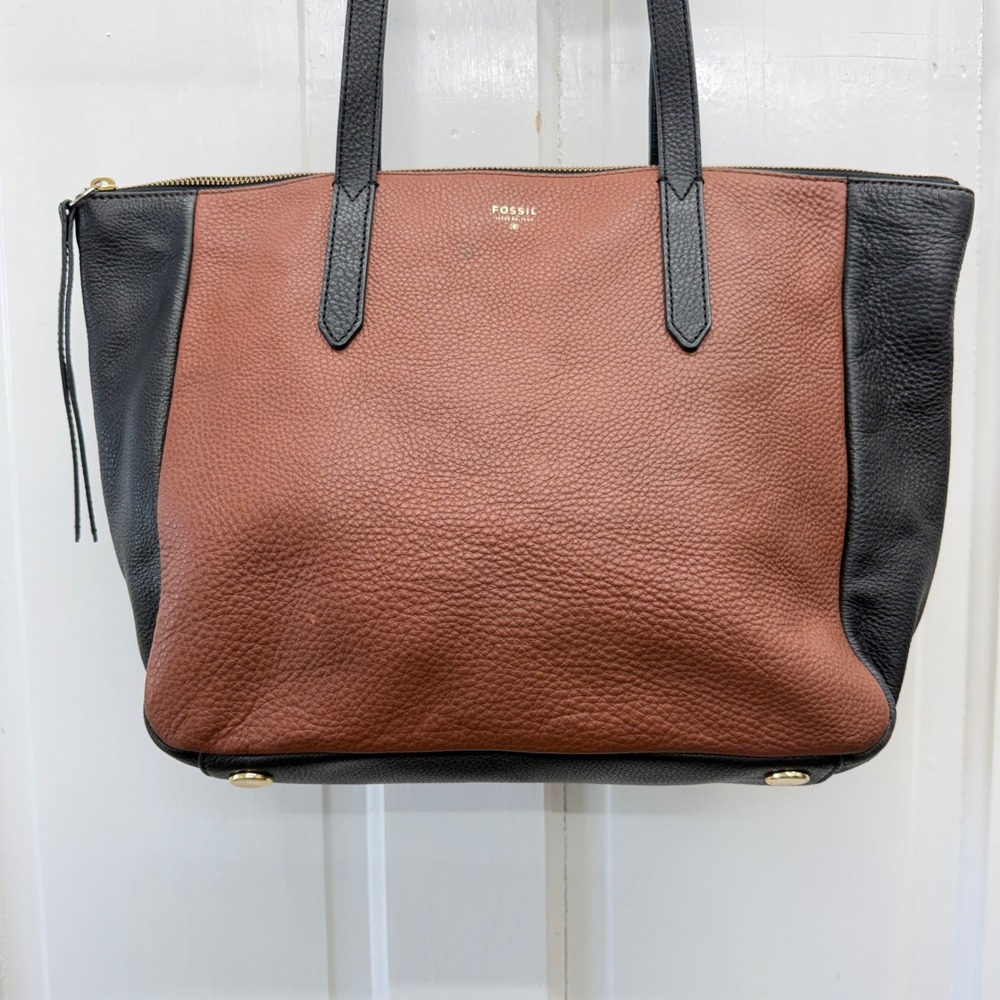 Fossil Sydney Shopper Bag Brown Black Pebbled Leather Shoulder Tote Purse # 1954